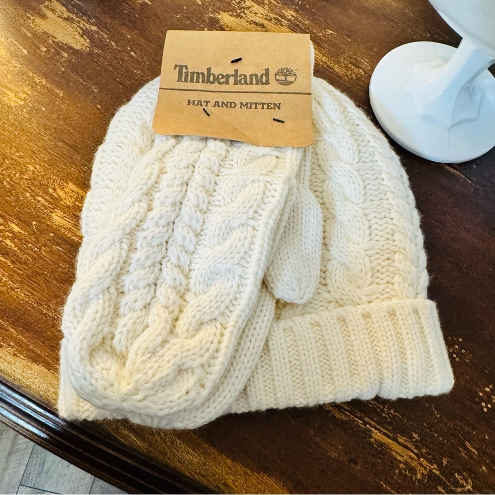 Timberland Cream Cable Knit Hat & Mittens Set - Cozy Winter Knit One Size